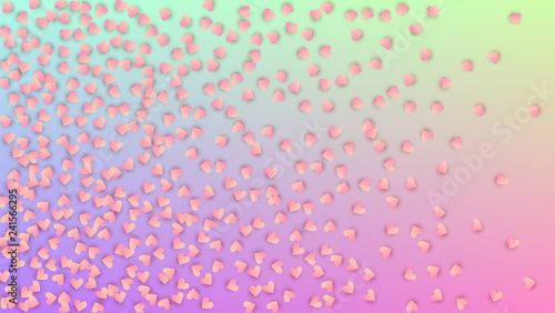 Wedding Background. Many Random Falling Pink Hearts on Hologram Backdrop. Card Template. Heart Confetti Pattern. Vector Wedding Background.