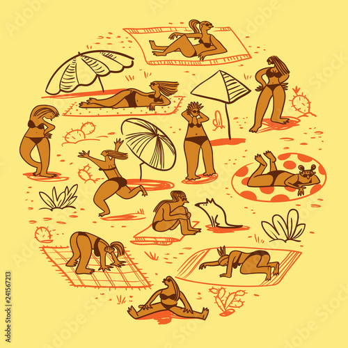 Set with summer  beach girls. Doodle  cute woman character sunbathing