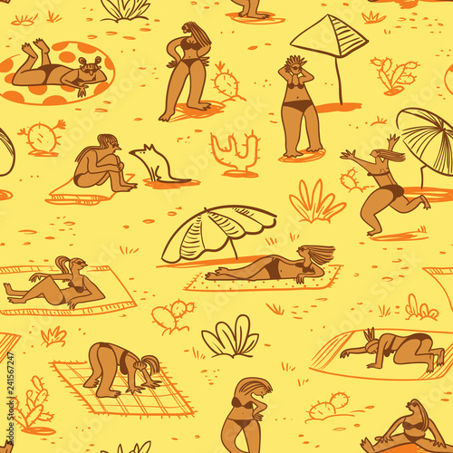 Background with summer  beach girls. Seamless pattern with doodle cute woman character sunbathing