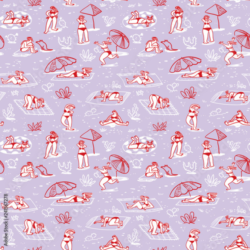 Background with summer  beach girls. Seamless pattern with doodle cute woman character sunbathing