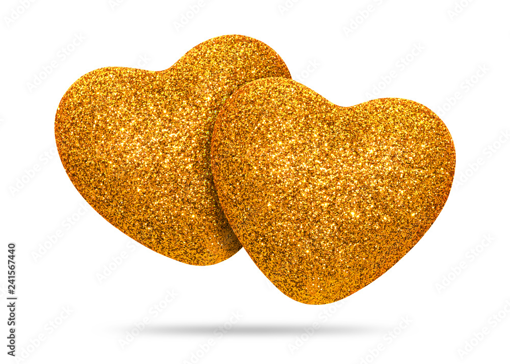 Obraz premium Couple of Golden heart with glitter texture isolated on white background. Heart shape. ( Clipping path )