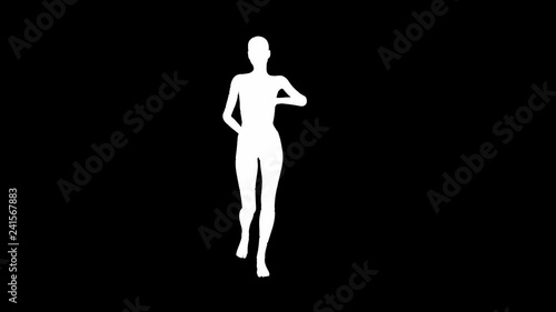 Looping animated 3D dancing female on a masked black background.