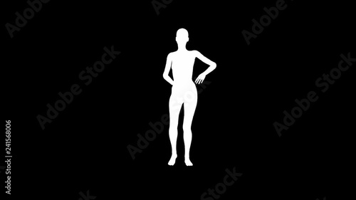 Looping animated 3D dancing female on a masked black background.