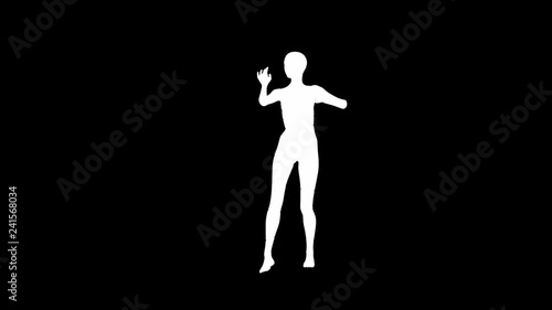 Looping animated 3D dancing female on a masked black background.