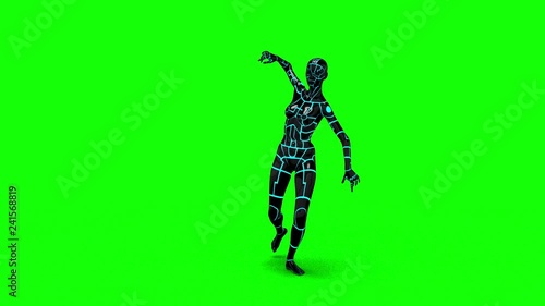 Looping animated 3D dancing robotic cyborg futuristc female doing a dance on a chroma key green screen background.