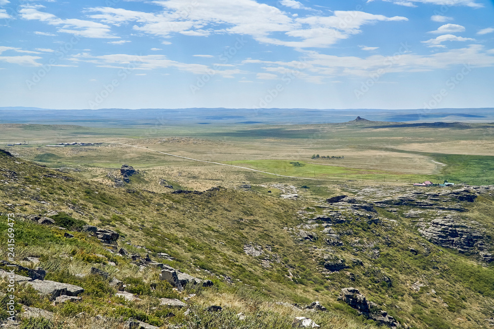 Naklejka premium Beautiful panoramic summer steppe landscape of stone mountains