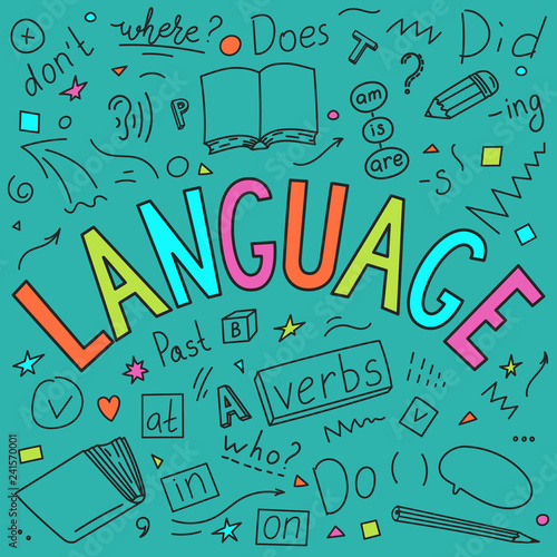 Language. Language hand drawn doodles and lettering 