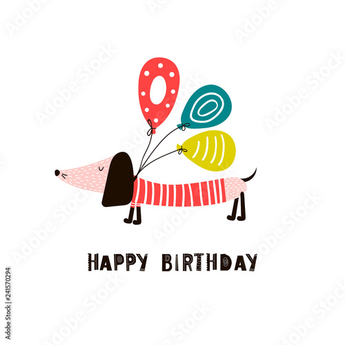 Birthday background with dachshund and balloons