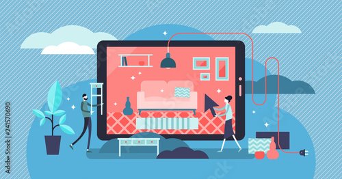 Interior design app vector illustration. Flat tiny indoor style persons concept