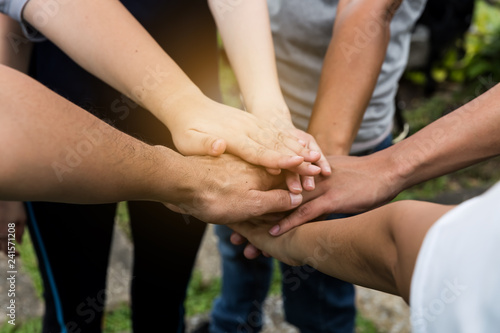 Bild auf Leinwand Hand stack and hold together in team for success something or take care