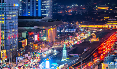 Obraz na płótnie Night view of gwanghwamun plaza in Seoul south Korea w salonie