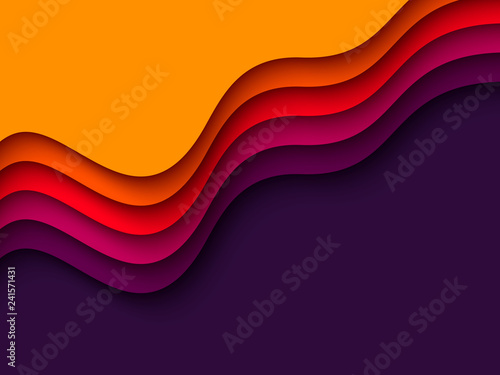 3d paper cut style background. Shapes with shadow in orange, red, purple and violet colors. Layered effect, carving art. Design for business presentation, posters, flyers, prints. Vector