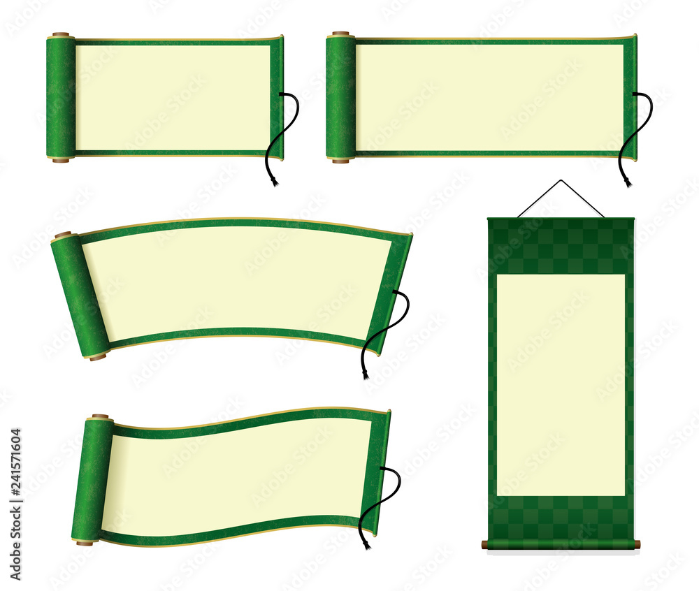 Japanese scroll paper / hanging scroll illustration set (green)  - obrazy, fototapety, plakaty 