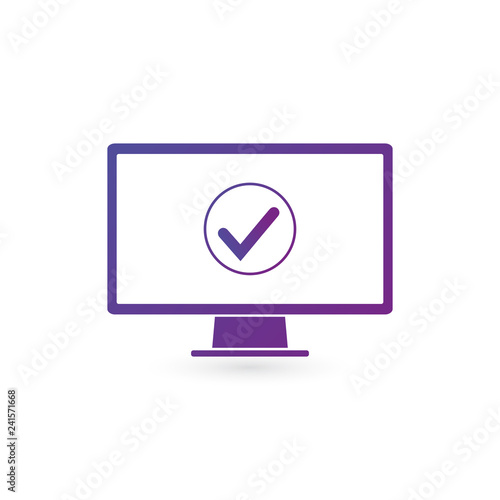 Computer monitor and checkmark in circle in purple gradient color. Successful update, accept, ok button, task completed concepts. Vector illustration isolated on white background. clean design.