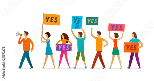 Crowd of people with banner and poster walking on public manifestation. Demonstration, rights, parade vector illustration