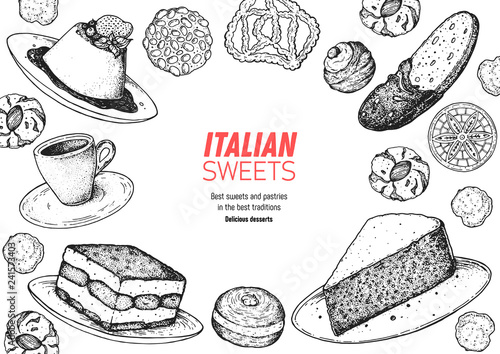 Italian dessert vector illustration. Italian sweet hand drawn sketch. Baking collection. Vintage design template. Panna cotta, tiramisu, bombolone, torta caprese, biscotti, pizzelle illustration.