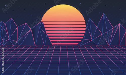 Retro futuristic background 80s. Vector illustration. Modern trendy background for design banners, posters, covers.