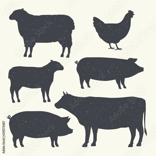 Farm Animals Vintage Set. Silhouettes of Cow, Pig, Sheep, Lamb, Hen. Farm Animals icons isolated on white background. Vector. Design elements for emblem, poster, label. Grunge texture. 