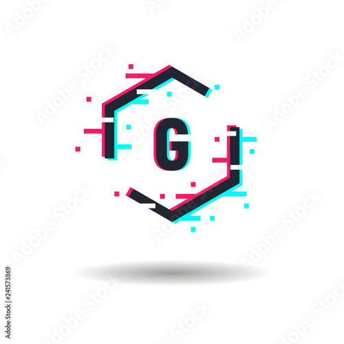 Vector logo in distorted glitch style. Hexagon frame in distorted glitch style. Abstract logo template. Modern trendy element for design Logo, sign, label, emblem.