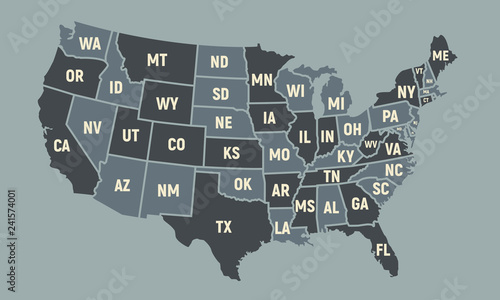 Obraz na plátně United States of America map with short state names