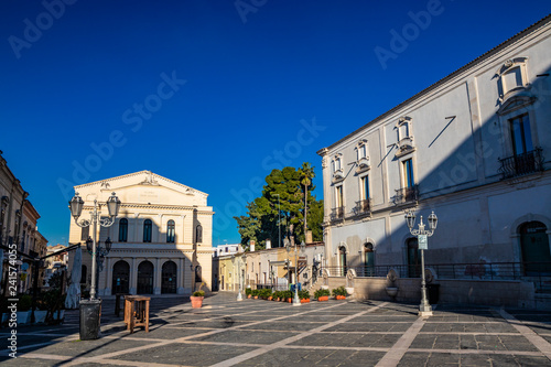 Municipal Theater Saverio Mercadante, 1868. Facade with two galleries. Ancient building, balconies, iron railings, liberty style street lamps. In piazza Giacomo Matteotti, in Cerignola, Puglia, Italy. © Ragemax