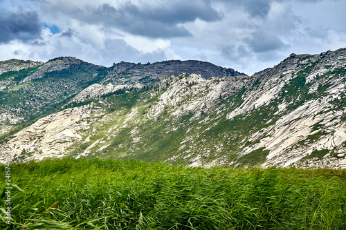 Beautiful landscape of stone rock mountains around of the Sibiny lakes (RU: Sibinskiye Ozora: Sadyrkol, Tortkara, Shalkar, Korzhynkol), neer the city of Oskemen (RU: Ust-Kamenogorsk), East Kazakhstan