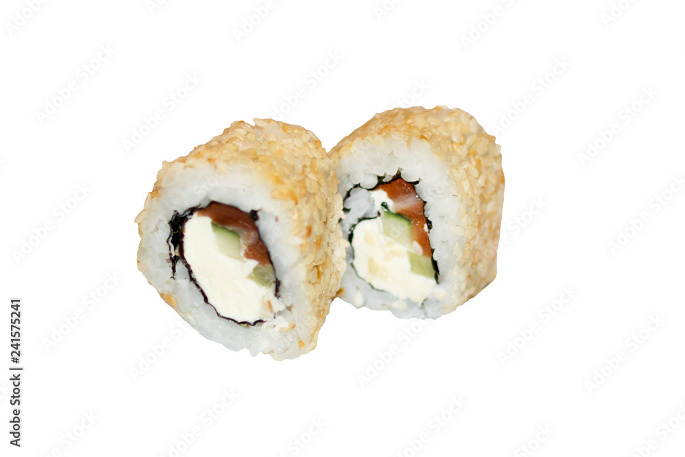 A piece of sushi rall isolated on white background. Japanese cuisine. A piece of sushi rall isolated on white background. Japanese cuisine.