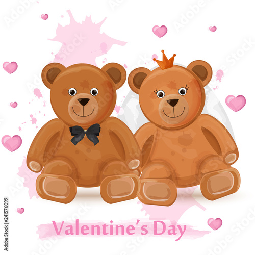 Valentine day card with teddy bears couple Vector watercolor illustrations