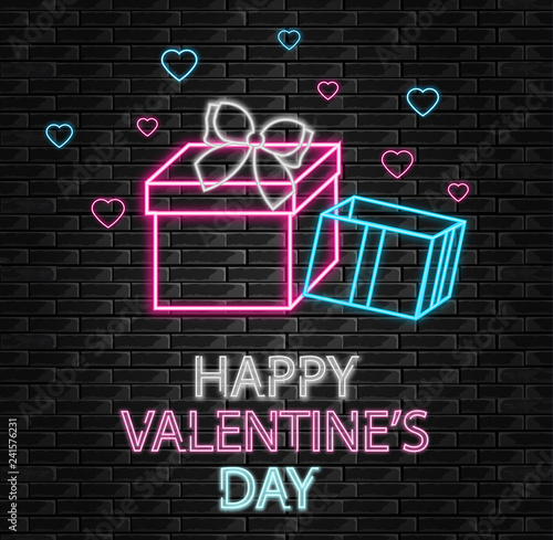 Gift box neon light Vector. Happy Valentine day romantic template. Gifts shop...