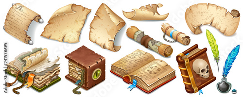 Set isometric books of magic spells and witchcraft, royal scrolls and parchments, old paper. Fairy tale icon in cartoon style  for computer game. Isolated 3d vector illustration.