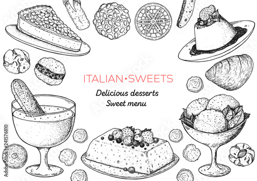 Italian dessert vector illustration. Italian sweet hand drawn sketch. Baking collection. Vintage design template. Torta della nonna, zabaglione, semifreddo, gelato, panna cotta, pizzelle illustration
