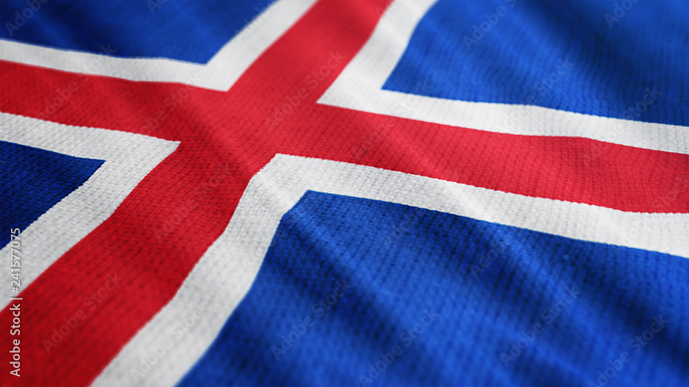 Fototapeta premium Iceland flag is waving 3D illustration. Symbol of Iceland's national on fabric cloth 3D rendering in full perspective.