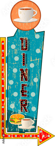 vintage diner sign, USA highway fifties signage, retro grungy vector illustration, fictional artwork