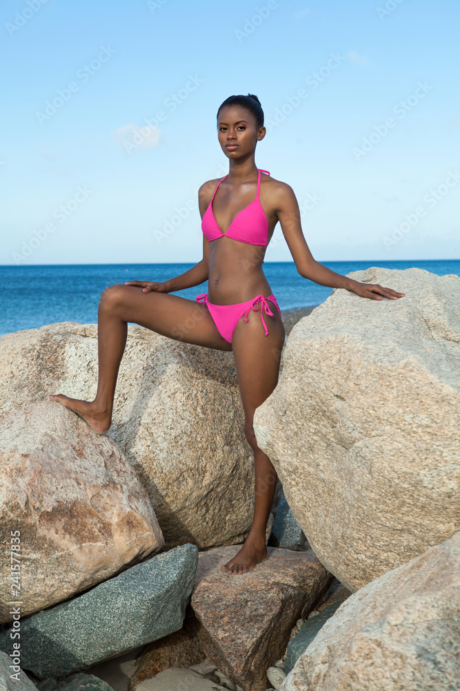 Beautiful, young, black woman in a pink bikini standing in between big  boulders along the ocean, full length. Stock Photo