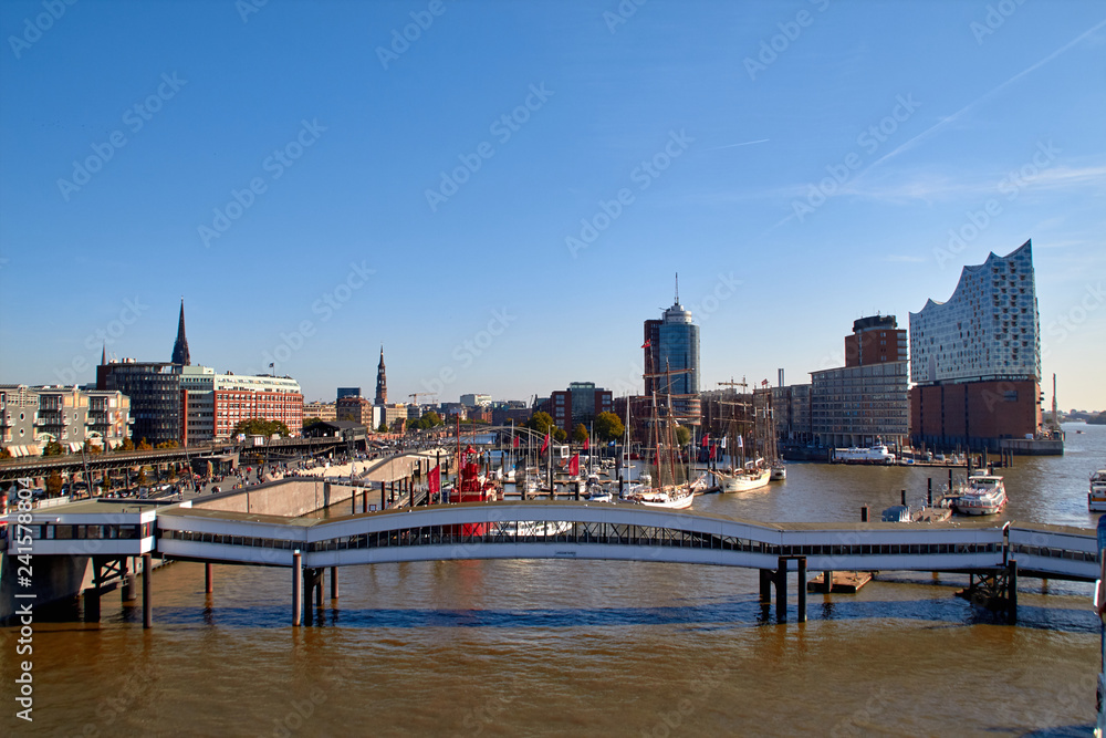 Sea pier in Germany. View of the port of Hamburg. Photo of the pier Hamburg. Cityscape of the port city of Hamburg.