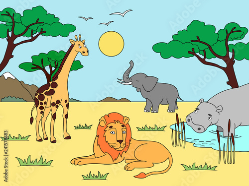 Children drawing. Animals of Africa, mainland mammals, zoo. Vector