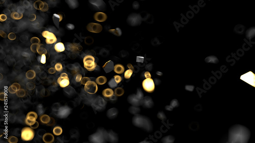Golden particles and pieces on black background with dof effect