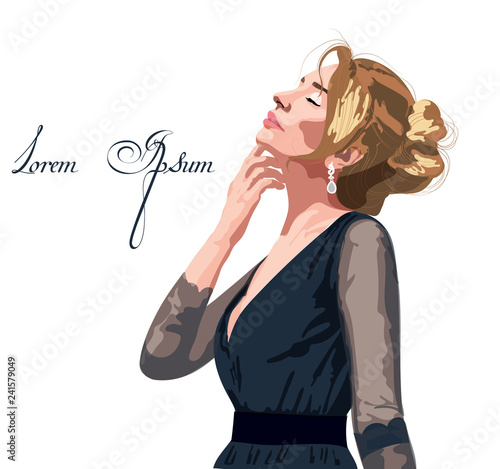 Beautiful woman in a black dress Vector. Passion look. Cartoon styles