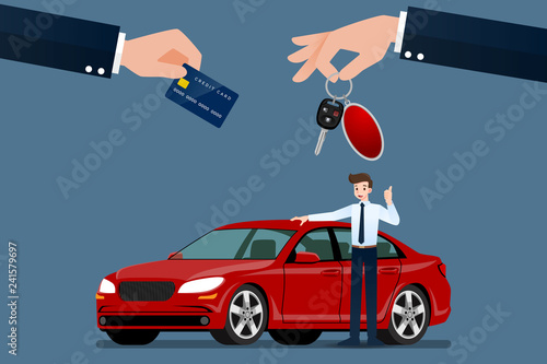 The car dealer's make an exchange, sale, rent between a car and the customer's credit card. Vector illustration design.