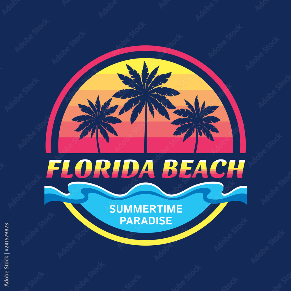 Florida beach - vector illustration concept in retro vintage graphic style for t-shirt and other print production. Palms, sun, coast. Badge logo design. Summertime paradise travel vacation.
