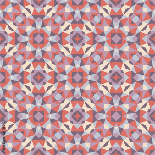 Abstract geometric background - seamless vector pattern illustration in blue and pink pastel colors. Ethnic boho style. Mosaic ornament structure.