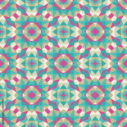 Abstract geometric background - seamless vector pattern illustration in green and crimson colors. Ethnic boho style. Mosaic ornament structure.