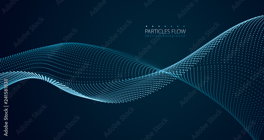 Dynamic particles sound wave flowing over dark. Blurred lights vector abstract background. Beautiful wave shaped array of glowing dots. - obrazy, fototapety, plakaty 
