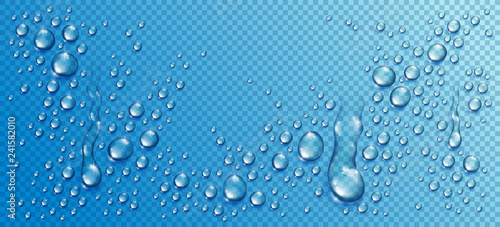 Water rain drops or condensation in shower realistic transparent 3d vector composition over transparency checker grid, easy to put over any background or use droplets separately.
