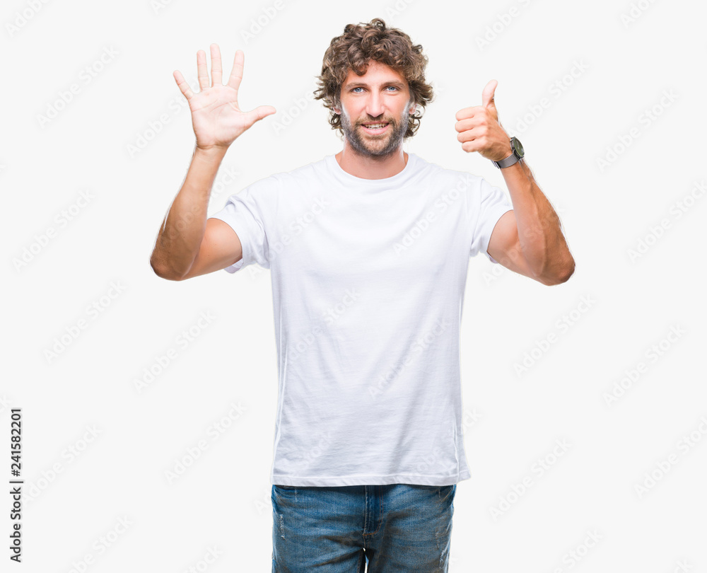 Handsome hispanic model man over isolated background showing and pointing up with fingers number six while smiling confident and happy. Handsome hispanic model man over isolated background showing and pointing up with fingers number six while smiling confident and happy.