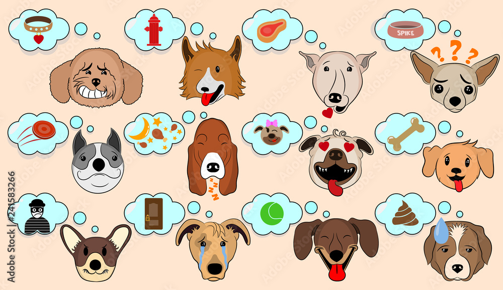 Cartoon Vector Illustration of Funny Dogs Expressing Emotions. Funny Mixed  Breed dogs with Speech Bubble. Dog Brain Thinking. What the dogs think  about. A Dog's Dream. Stock Vector | Adobe Stock