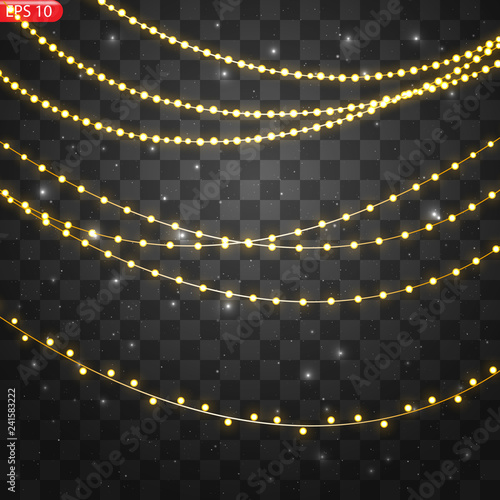 Christmas lights isolated realistic design elements. Glowing lights for Xmas Holiday cards, banners, posters, web design. Garlands decorations.