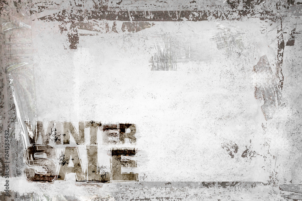 Winter Sale Grunge Background with grungy frame and remains of scotch tape and cellophane. Fully editable. Dirty artistic design element, box, frame for text. Doodle frame.