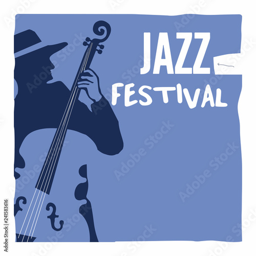 Jazz music festival poster with man playing contrabass flat vector illustration design. Music background with contrabass, live concert events, party flyer, brochure, promotional banner