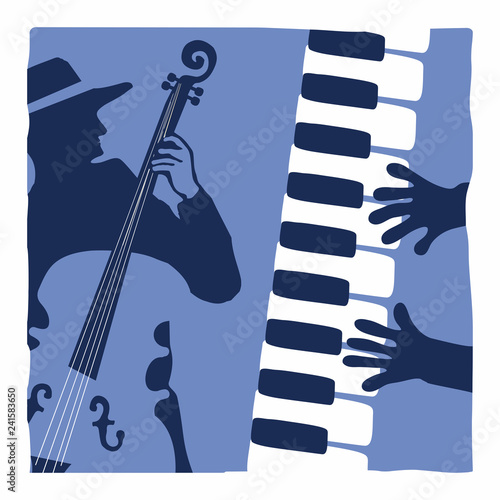 Jazz music festival poster with piano and contrabass flat vector illustration. Music background with music instruments, music festival poster, live concert events, party flyer